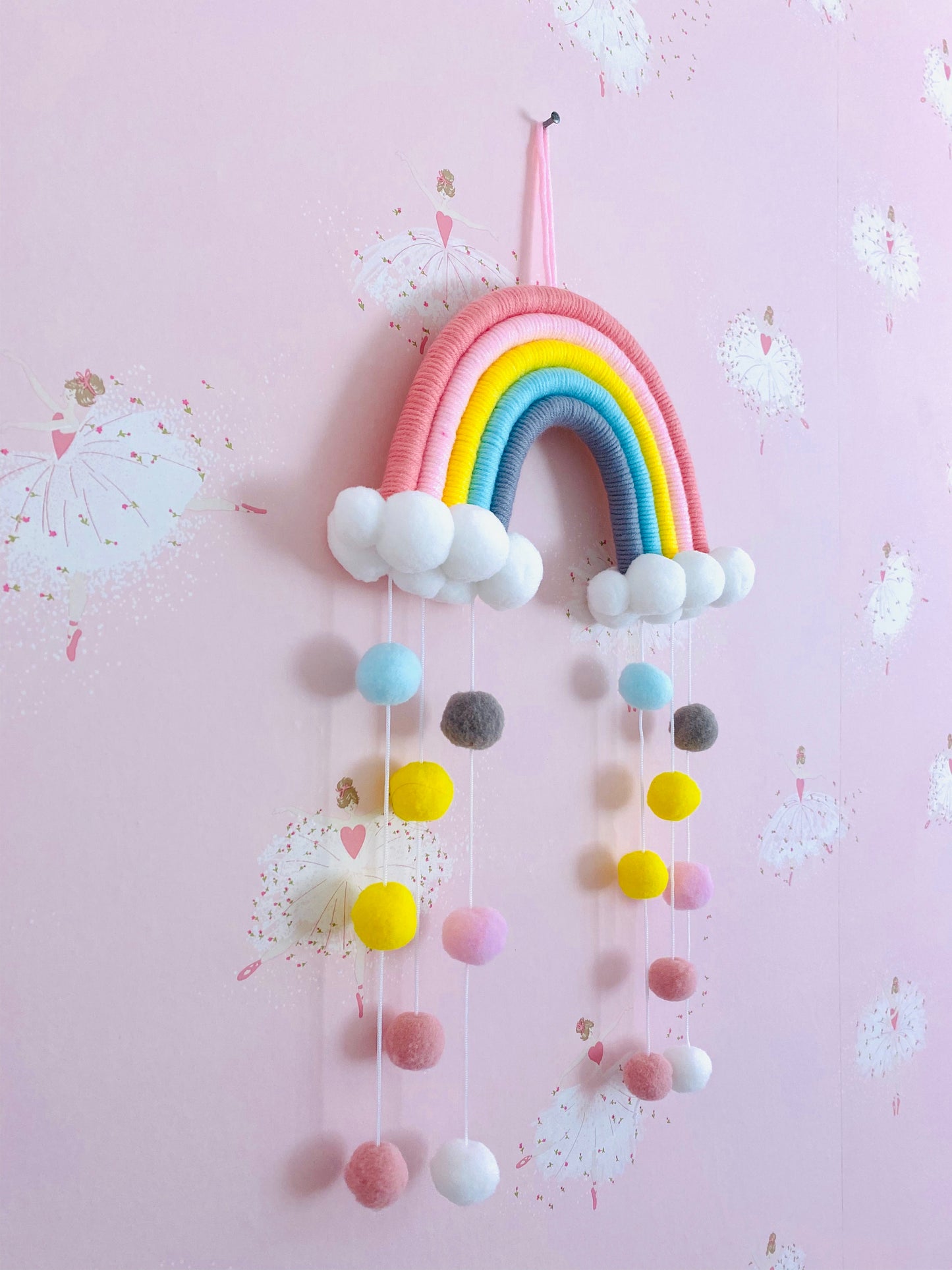 Childrens hanging Pom Pom macrame rainbow wall decor