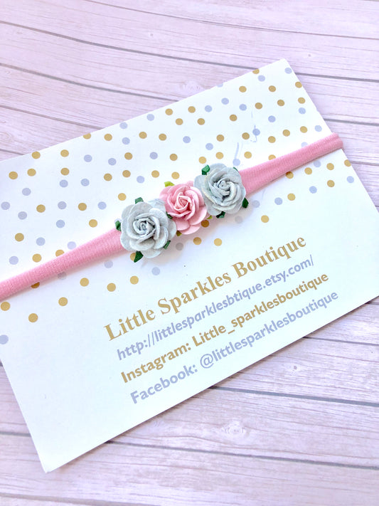 Pink and grey flower headband