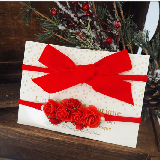 Velvet Tie And Flower Headband Set