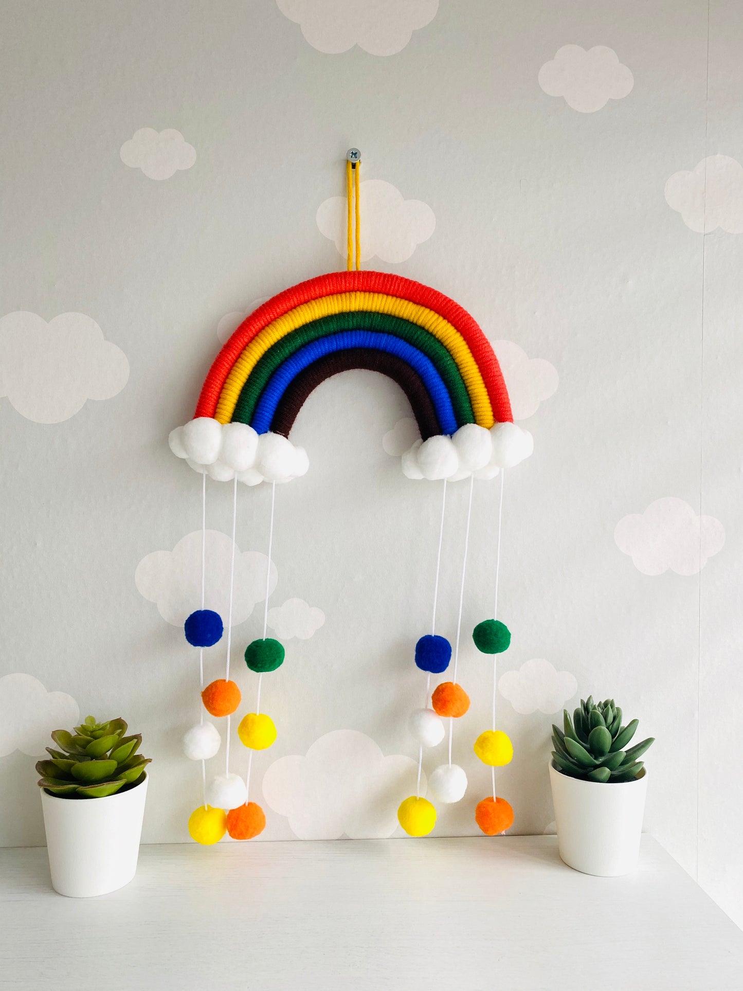 Childrens hanging Pom Pom macrame rainbow wall decor