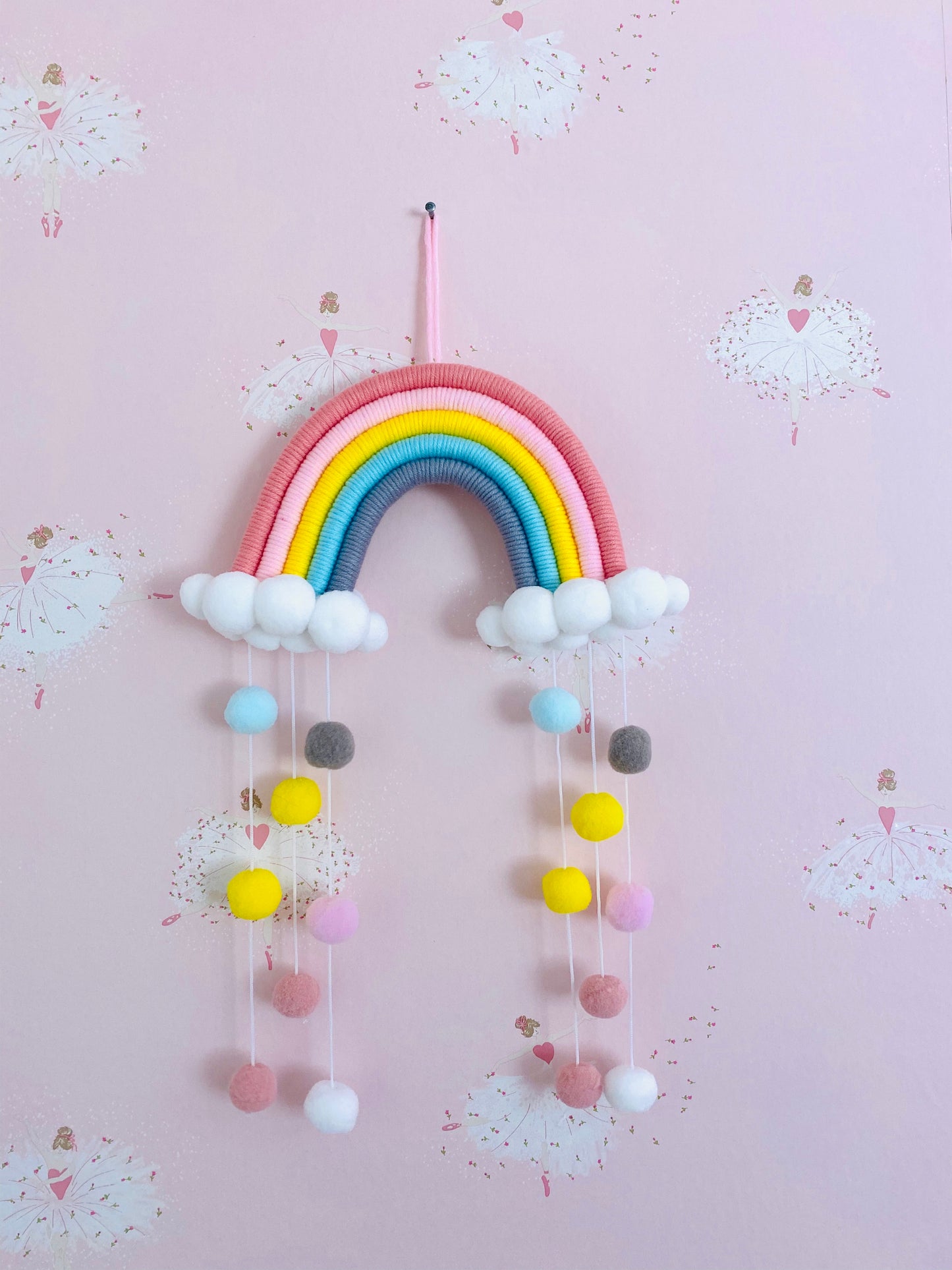 Childrens hanging Pom Pom macrame rainbow wall decor