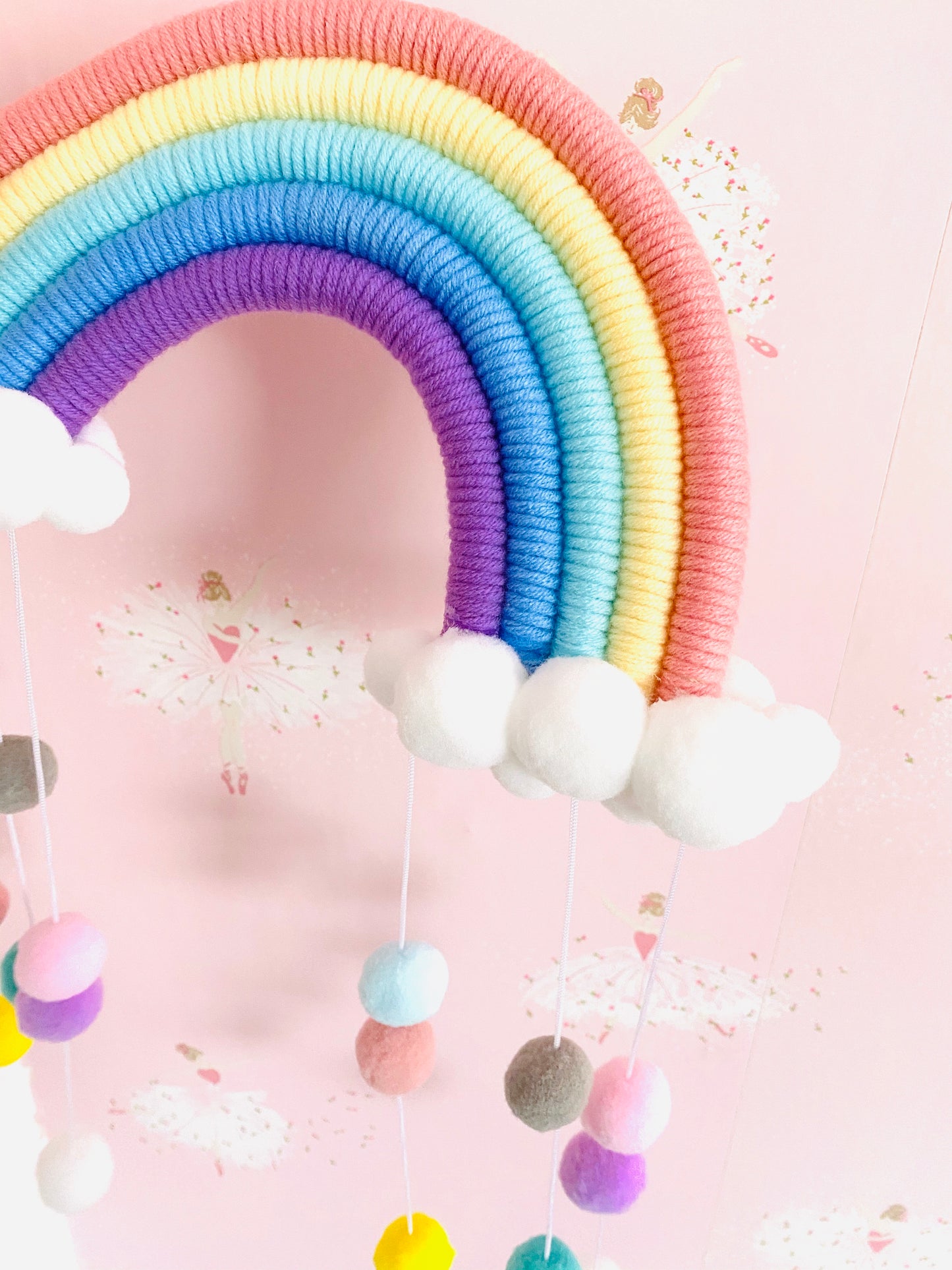 Childrens hanging Pom Pom macrame rainbow wall decor