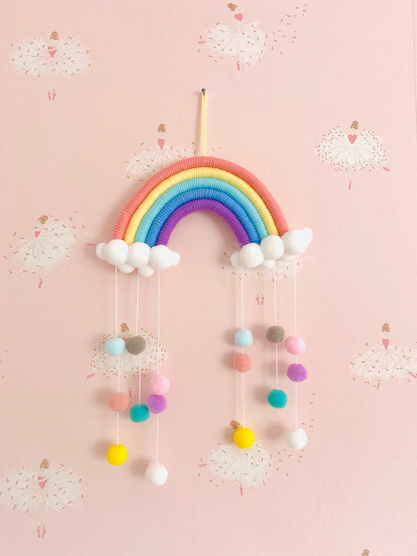 Childrens hanging Pom Pom macrame rainbow wall decor
